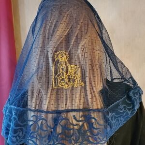 Our Lady of Fatima & Children Embroidered Lace Mantilla Chapel‎ Veil Catholic